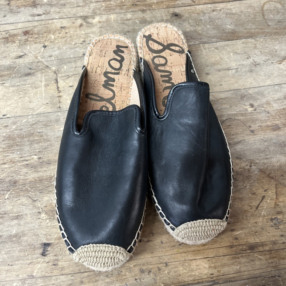 Anthropologie Sam Edelman Women's Kerry Black Leather Espadrille Slides Size 8.5